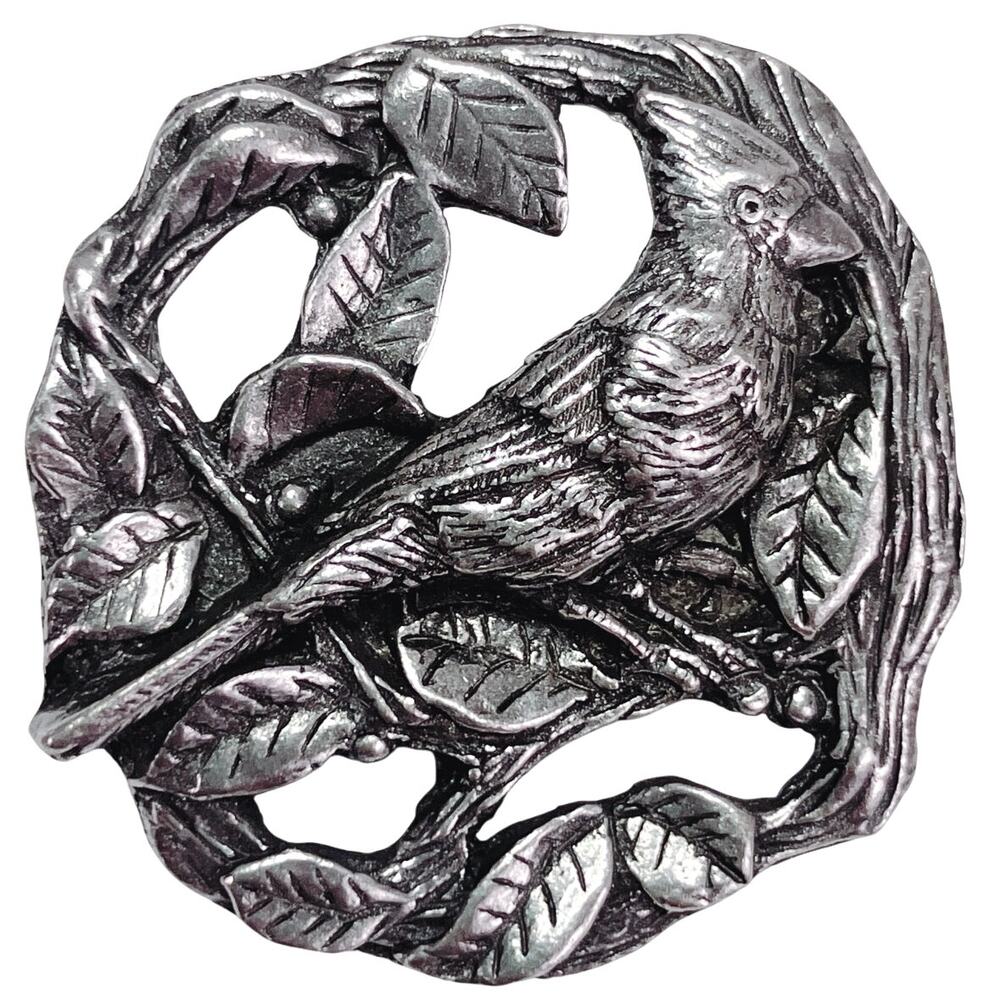 Vintage 1999 Birds & Blooms Pewter Cardinal Figural Leaf Bird Brooch Pin